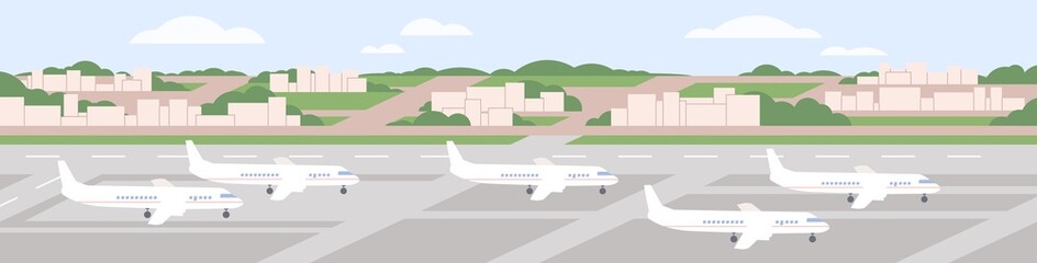 Airplanes stand in airport. Parked air planes at paved handstand. Aerodrome parking with passenger aircrafts, panoramic landscape. Airliners on runway, panorama. Flat vector illustration