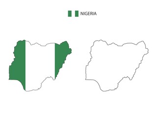 Nigeria map city vector divided by outline simplicity style. Have 2 versions, black thin line version and color of country flag version. Both map were on the white background.