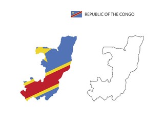Republic of the Congo map city vector divided by outline simplicity style. Have 2 versions, black thin line version and color of country flag version. Both map were on the white background.