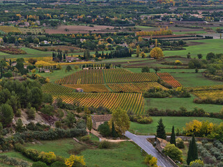 Naklejka premium High angle view of rural Luberon valley near village Gordes in Provence region, France with beautiful vineyard of colorful leaves surrounded by trees.