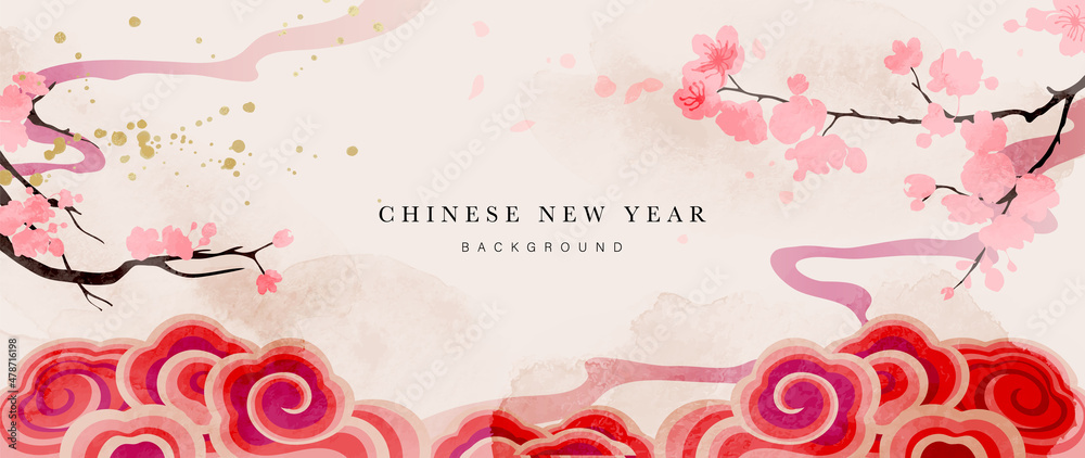 Wall mural chinese new year watercolor background vector. oriental festive art design for place text and produc