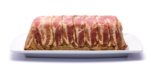 Traditional French terrine covered with bacon isolated on white background