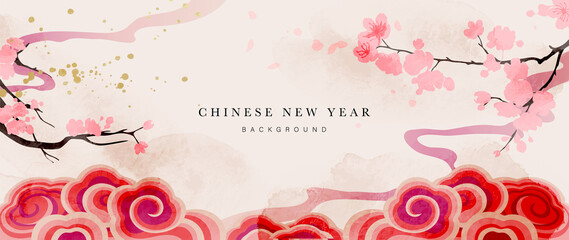 Chinese new year watercolor background vector. Oriental festive art design for place text and product images. Design for sale banner, cover and invitation.