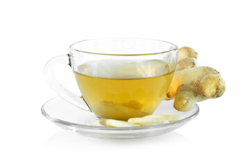 Hot ginger glass and fresh ginger with sliced isolated on white background, herb and medical for health concept