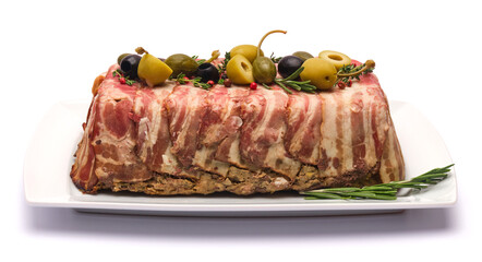 Traditional French terrine covered with bacon isolated on white background