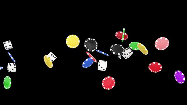 3D animation of poker chips and dice flow with alpha layer