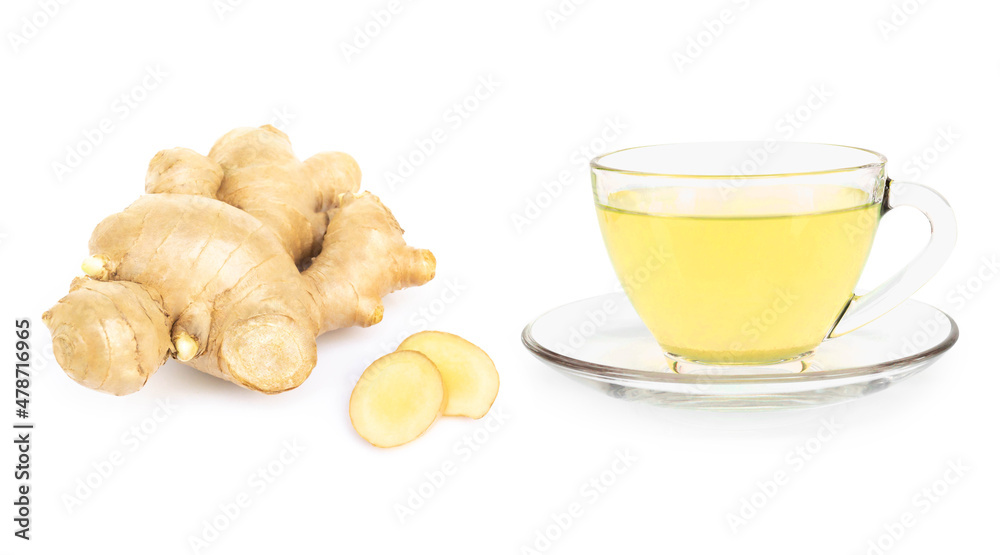 Wall mural fresh ginger with sliced and hot ginger glass isolated on white background, herb and medical for hea