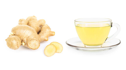 Fresh ginger with sliced and hot ginger glass isolated on white background, herb and medical for health concept