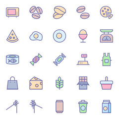 Filled color outline icons for food.