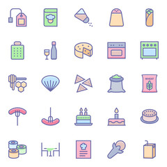 Filled color outline icons for food.