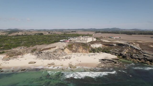 Aerial orbit Nossa Senhora da Queimada fortress at Alentejo Southwest coast