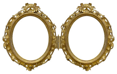Golden oval frame for paintings, mirrors or photo isolated on white background. Design element with...