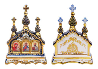 Triple Orthodox porcelain icon with a gold. Two views
