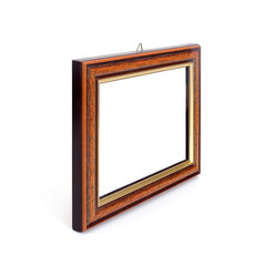 Wooden frame for paintings, mirrors or photo in perspective view isolated on white background