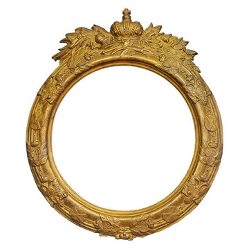 Golden frame with a crown for paintings, mirrors or photo isolated on white background. Design element with clipping path