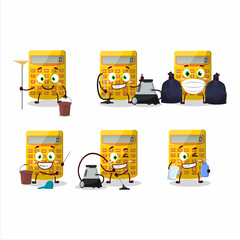 Cleaning service yellow calculator cute cartoon character using mop