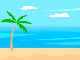 Fototapeta na wymiar Beach background with palm tree. Greeting card with cartoon design. Vacation concept. Vector stock illustration