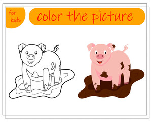 Fototapeta premium Coloring book for kids, color in the pattern of pigs. Vector isolated on a white background.
