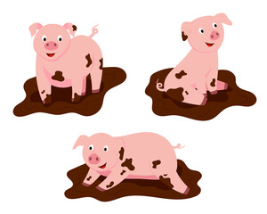Cartoon illustration, a set of cute pigs in the mud. Vector isolated on a white background.