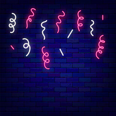 Falling streamers neon background. Shiny space for text. White and pink confetti. Holiday party. Vector illustration
