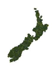 Top view of a forest of trees forming the map of New Zealand. Top view. Environmental , Ecology,...