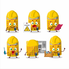 Professional Lineman yellow calculator cartoon character with tools