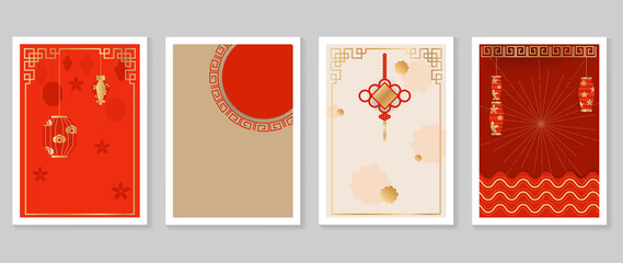 Chinese New Year covers background vectors. Luxury background design with gold Chinese  lantern and oriental decorative element for Asian Lunar New Year holiday cover, poster, ad and sale banner. © TWINS DESIGN STUDIO