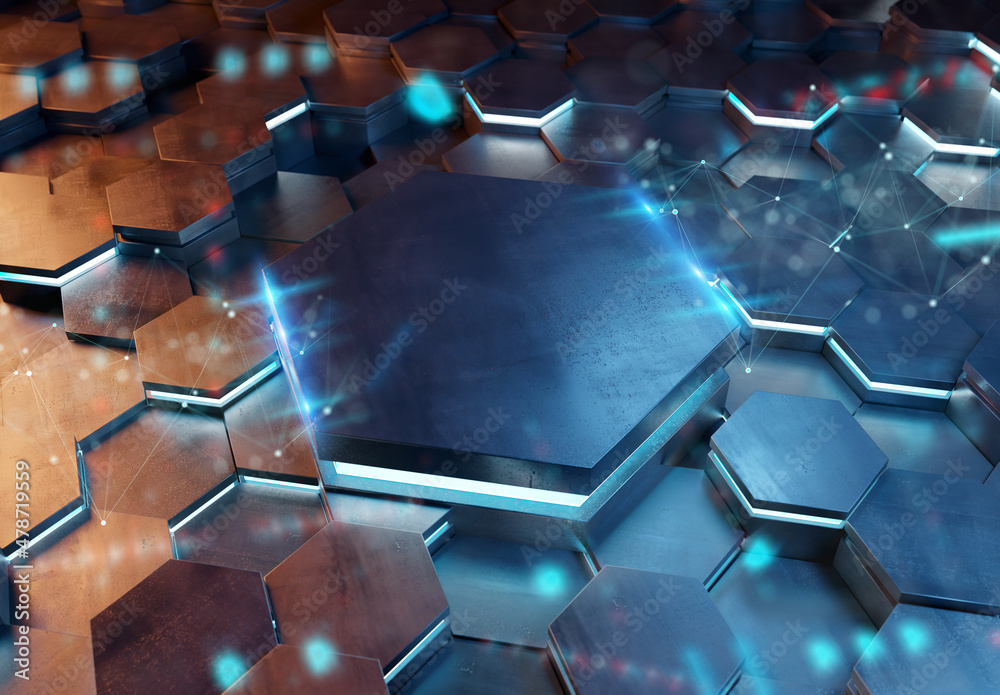 Aufkleber Glowing orange and blue hexagons podium background pattern. Hexagonal metal surface with lights and reflections. 3D rendering
