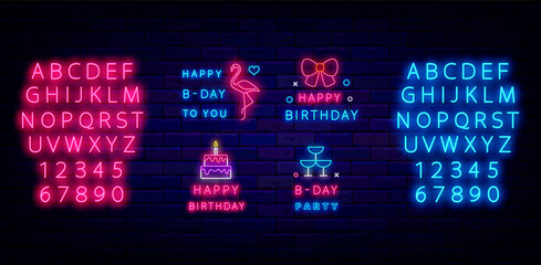 Happy birthday neon emblem set. Blue and pink glowing alphabet. Flamingo and cocktail glass. Vector illustration