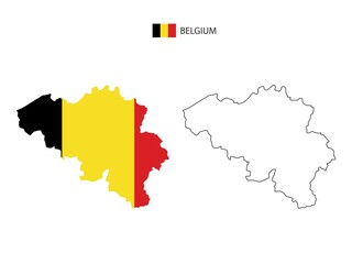 Obraz premium Belgium map city vector divided by outline simplicity style. Have 2 versions, black thin line version and color of country flag version. Both map were on the white background.