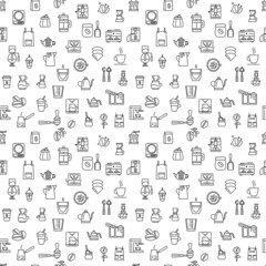 Fototapeta na wymiar Coffee concept seamless pattern with line icons. Coffee to go and cup. Beans and espresso machine. Vector illustration