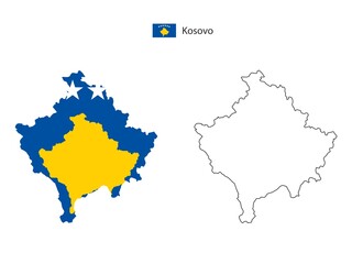 Obraz premium Kosovo map city vector divided by outline simplicity style. Have 2 versions, black thin line version and color of country flag version. Both map were on the white background.