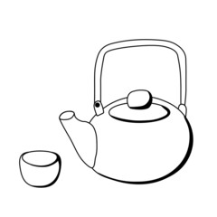 Teapot and bowl. Vector stock illustration. Black and white drawing. Doodle.Isolated on a white background.