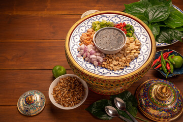 Miang Kham Or wild betel leaves Wrap Ingredients dried shrimps, peanuts, lime, chilli, roasted...