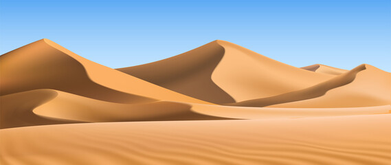 3d realistic background of sand dunes. Desert landscape. - obrazy, fototapety, plakaty