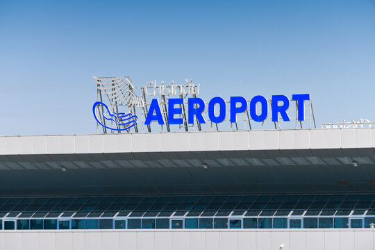 Chisinau, Republic of Moldova - 2021: The logo of Chisinau International Airport during a sunny summer day