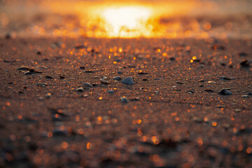 Sunrise at the sea shore. View from the sand line with water and shells in foreground. Amazing color landscape.