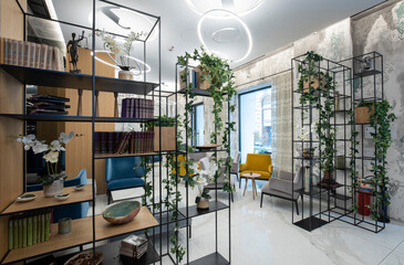 Interior of a hotel lobby cafe with marble floor