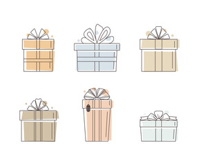 Gift box line art flat illustrations set. Present icon in trendy neutral color. Holiday shopping business concept