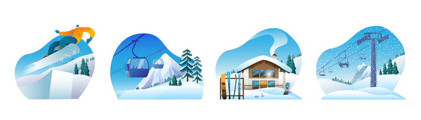 A set of images with ski resorts. An image of a funicular and a chairlift against the background of a mountain winter landscape. Vector illustrations.