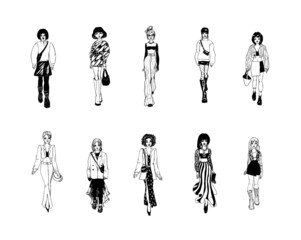 Collection of stylish young women dressed in trendy clothes. Vector fashion black and white illustration.