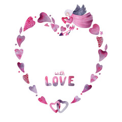 A flying Angel of love and a heart-shaped frame. Design for Valentine's Day. Cute watercolor character of Cupid, hearts and leaves