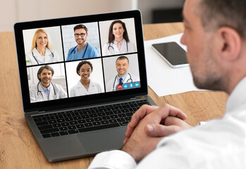 Doctor Sitting At Laptop During Medical Video Conference Indoor, Collage - Powered by Adobe