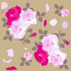 Wonderful romantic floral print for pillowcase or napkin. Bouquets of pink roses, petals and buds on a beautiful golden-beige background.