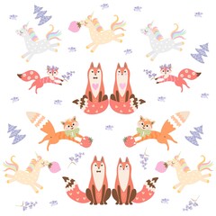 Obraz na płótnie Canvas Adult foxes and foxes kids, funny unicorns, little birds, snow-covered fir trees, bells flowers isolated on white background endless pattern. Fun fabric for children.