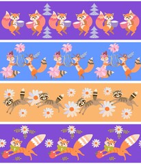 Seamless print made up of horizontal stripes with cute cartoon squirrels, foxes, raccoons and flowers. Collection of borders. Fabric for children. Vector design.