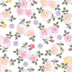 Pink and tea roses and small lilac bacopa flowers form a delicate pattern on a white background. Delightful seamless ornament in the English style. Print for fabric, wallpaper, tableware.