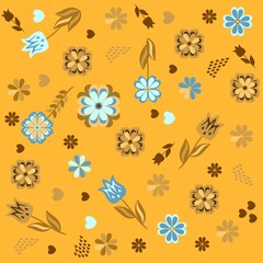 Variegated endless natural ornament on ocher background. Drawn flowers, leaves, hearts. Beautiful fashionable print for fabric in retro style.