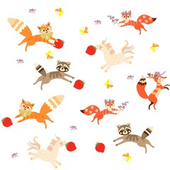 Endless pattern with galloping unicorns, playful foxes and raccoons, fluttering birds of different colors and yellow butterflies isolated on a white background. Fun fabric for a child.
