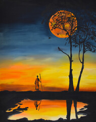 Oil painting on canvas evening sunset.  art of painting with oil paints and brushes. Interior painting for home